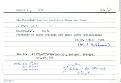 Karteikarte zur Materialübersicht zur Publikation von Felix Karrer (1878) in Von Drasche (Hrsg.) Fragmente zu einer Geologie der Insel Luzon (Philippinen), Seite 75-99. Wien, Karl Gerold's Sohn (https://archive.org/details/bub_gb_yb0NAAAAYAAJ/page/n84/mod